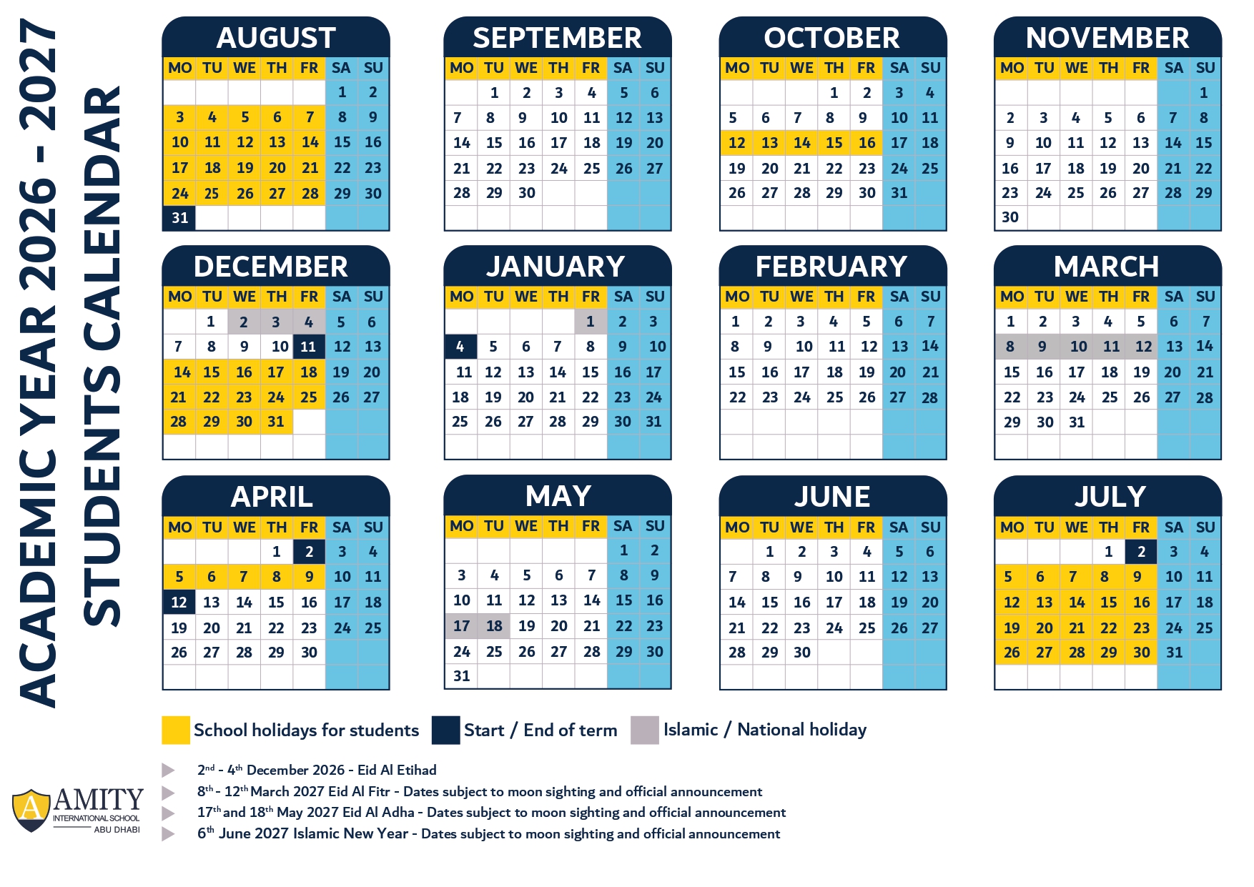 AIS Student Calender - 2026-2027