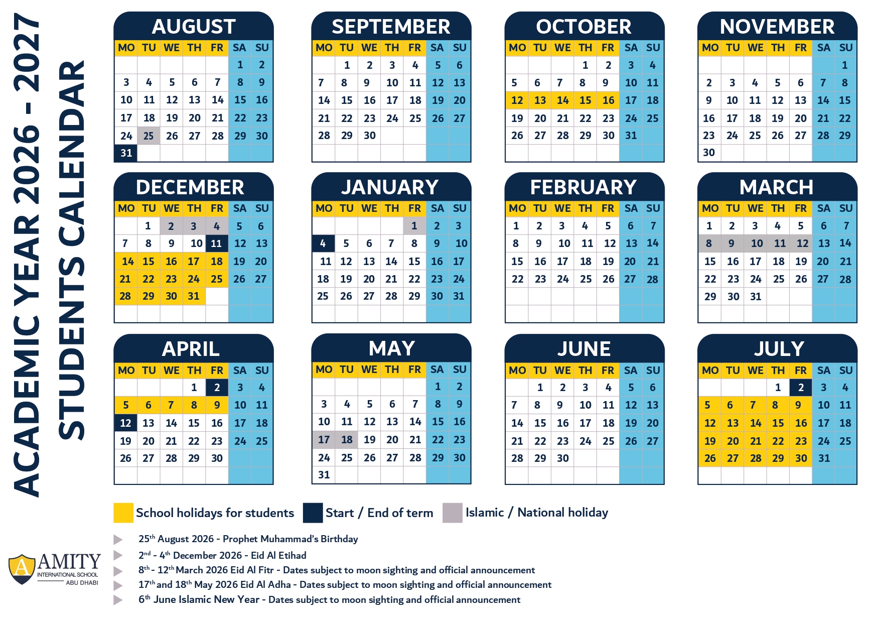 AIS Student Calender - 2026-2027